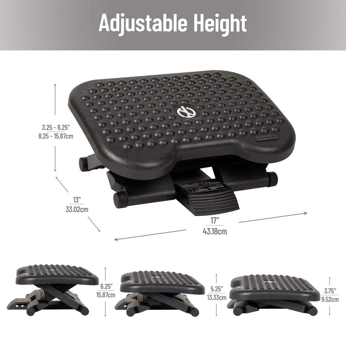 Mind Reader Foot Rest, Under Desk at Work, Ergonomic, Height Adjustable, Office, Plastic, 17"L x 13"W x 6.25"H, Black