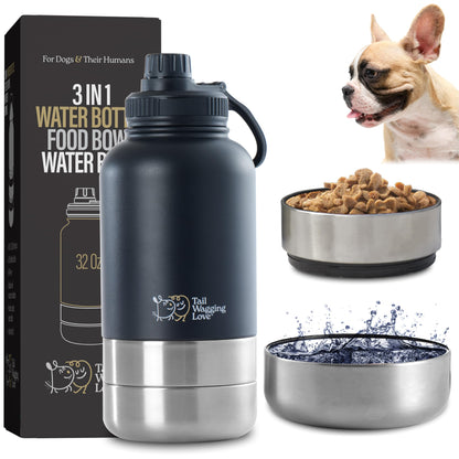 Tail Wagging Love 32oz 3-in-1 Portable Travel Water Bottle, Food & Hydration Bottle - Dual Use for Humans & Pets with Detachable Bowls, Stainless Steel, Keeps Water Hot for 6hrs & Cold for 12hrs