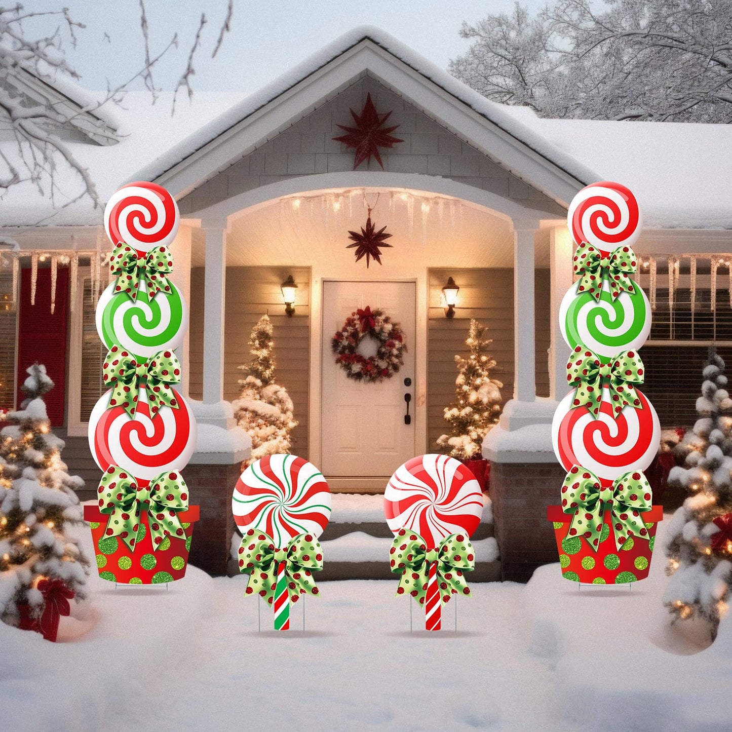 Meonum 4 Pcs Peppermint Candy Christmas Decorations Outdoor Large Christmas Yard Stakes Lime Green and Red Xmas Candy Garden Lawn Signs with Stakes and Bow for Home Pathway Walkway Party Decor(Red)