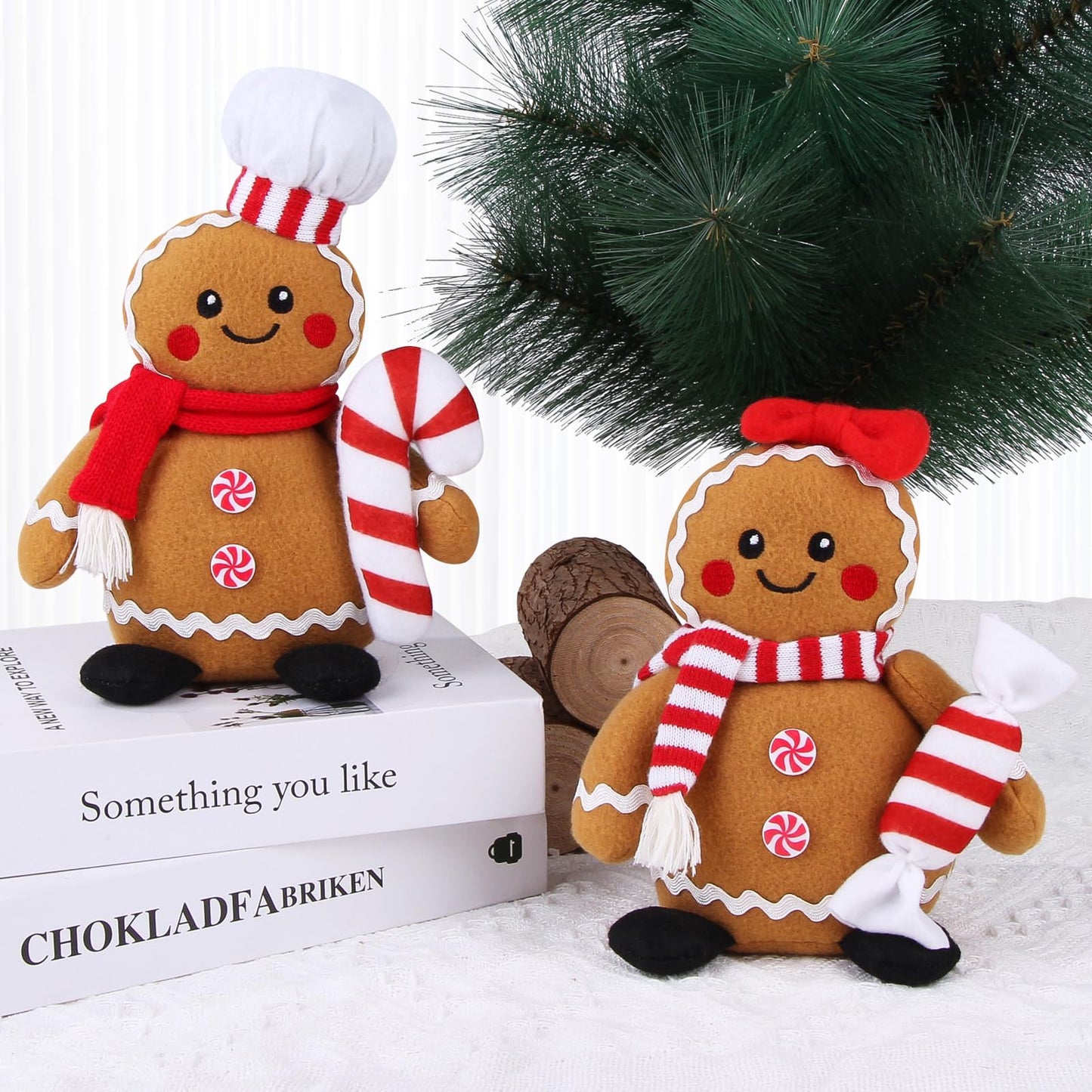BWFY Christmas Gingerbread Man Plush Toys Set of 2, Festive Gingerbread Couple Stuffed Animals with Candy Props, Xmas Decorations & Gifts, Christmas Holiday Home Decor