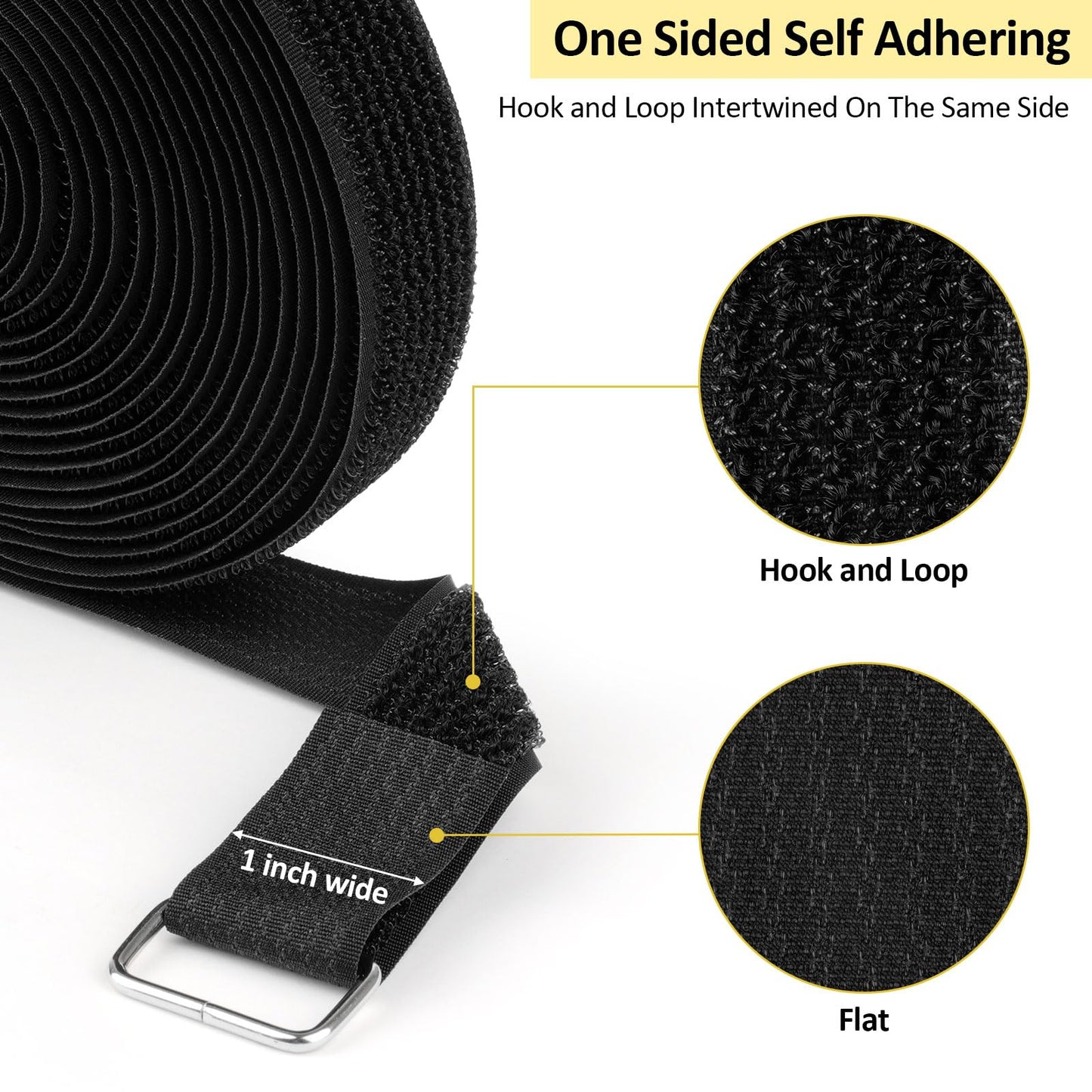 Opvixi Hook and Loop Straps 1inch x 32ft with 50 Metal Buckles, Cut to Length Cinch Straps Heavy Duty, Adjustable Fastening Cable Straps, Reusable Nylon Securing Cord Ties for Organizer, Black