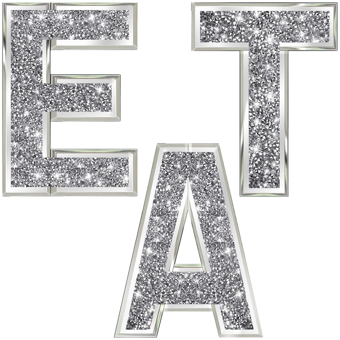 ZOLAPI 3 pcs Independent Letters EAT.Glam Crystal Diamond Letters.Silver Mirror Glass Home Decoration for Wall, Kitchen,Living room, Fireplace, Bookshelf and Table.