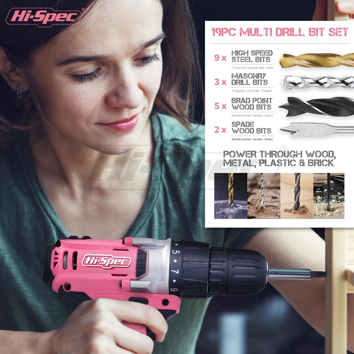 Hi-Spec 81pc Pink 18V Cordless Power Drill Driver Kit for DIY Projects