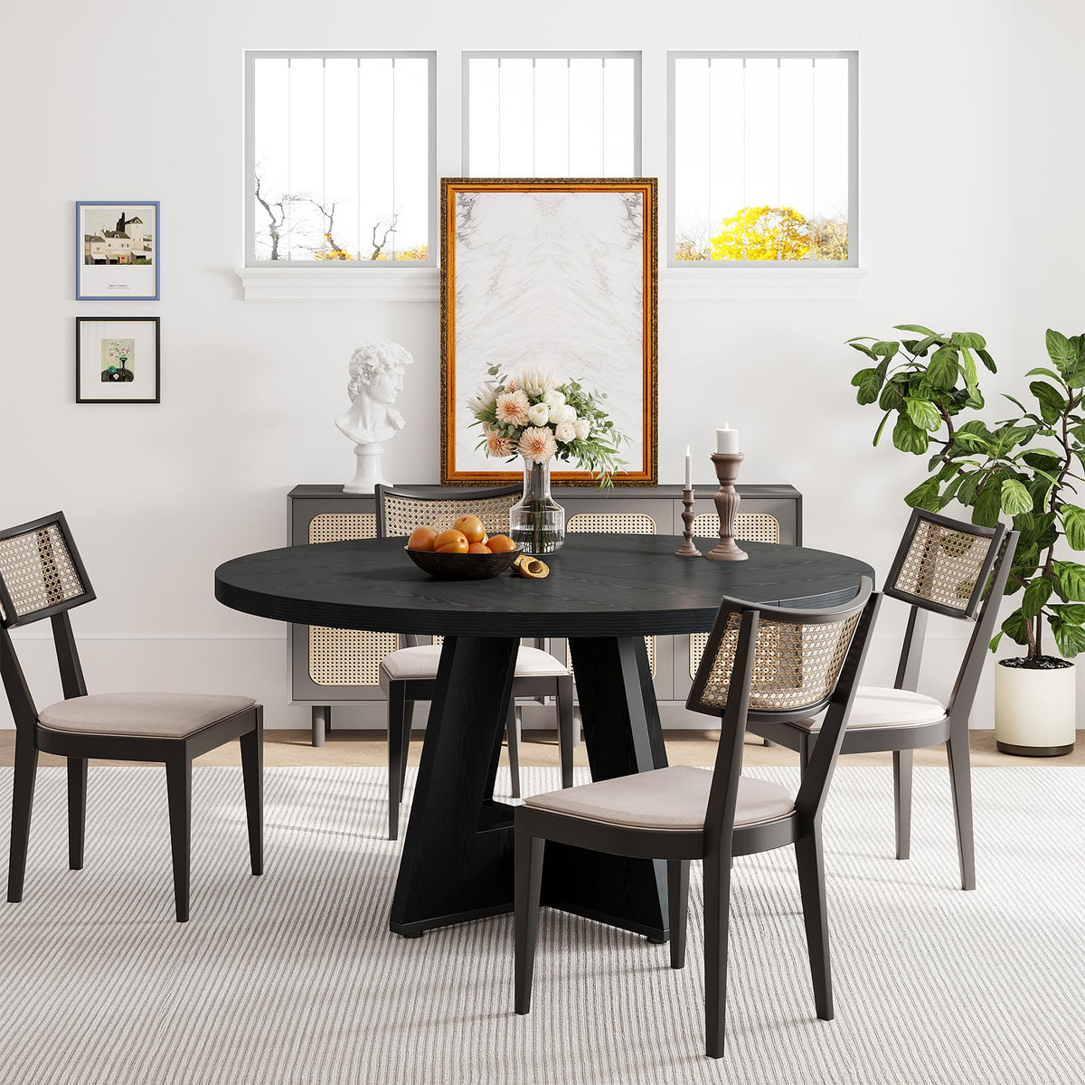 Tribesigns 47 inch Round Dining Table Wood Kitchen Table for Dining Room, 47" Dinner Room Tables for 4-6, Farmhouse Accent Furniture with Wooden Tabletop and Cross Base, Black