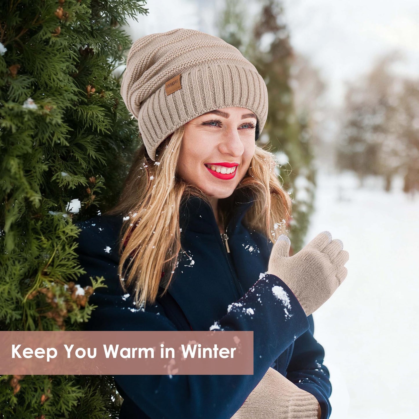 Women Beanie Hat Gloves Set Fleece Lined Winter Warm Hat Knit Touchscreen Gloves for Cold Weather