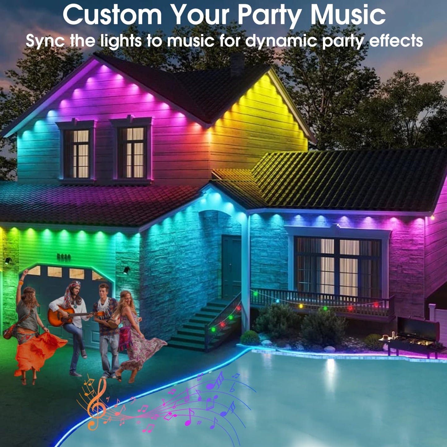 Sumaote Permanent Outdoor Lights 150ft, Smart RGB+IC Smart Christmas House Lights 108 LED Waterproof Music Sync Eave Lights for Christmas, Holiday Decor, Compatible with Alexa Google Assistant