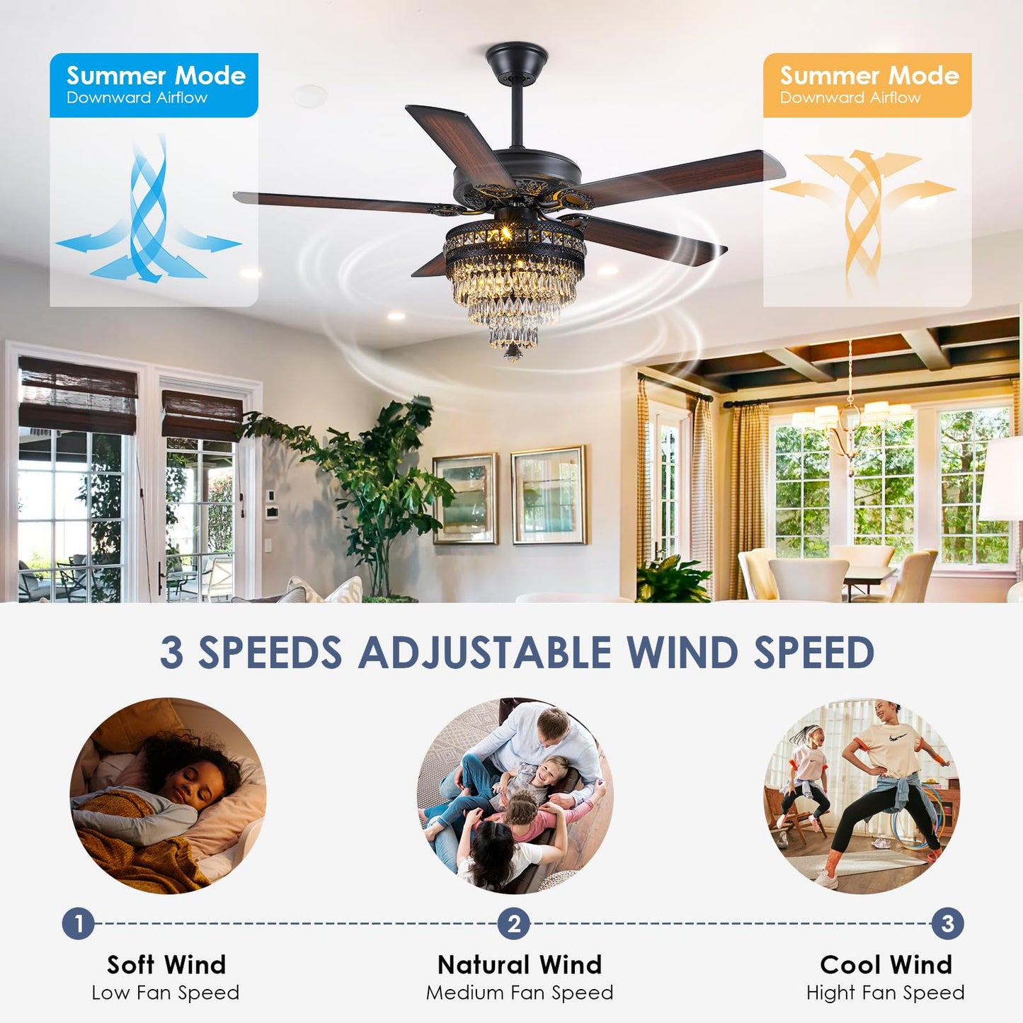 Asyko 50" Crystal Ceiling Fan Fandelier with Lights - Modern Black Chandelier Fans with Remote Control，Noiseless AC Motor, Retro/Farmhouse Lighting, Dining Room，Living Room