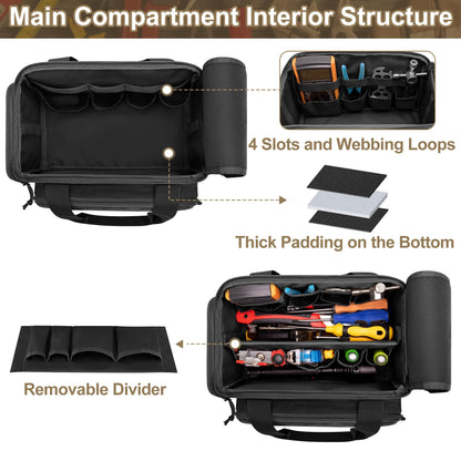 Rexmica 12-Inch Tool Bag with Anti-friction Bottom, Hand Tool Storage Organizer Bag for Men, Tactical Range Bag, Multi-purpose Work Tote for Repairman, Electrician, Carpenters, Handyman, Black