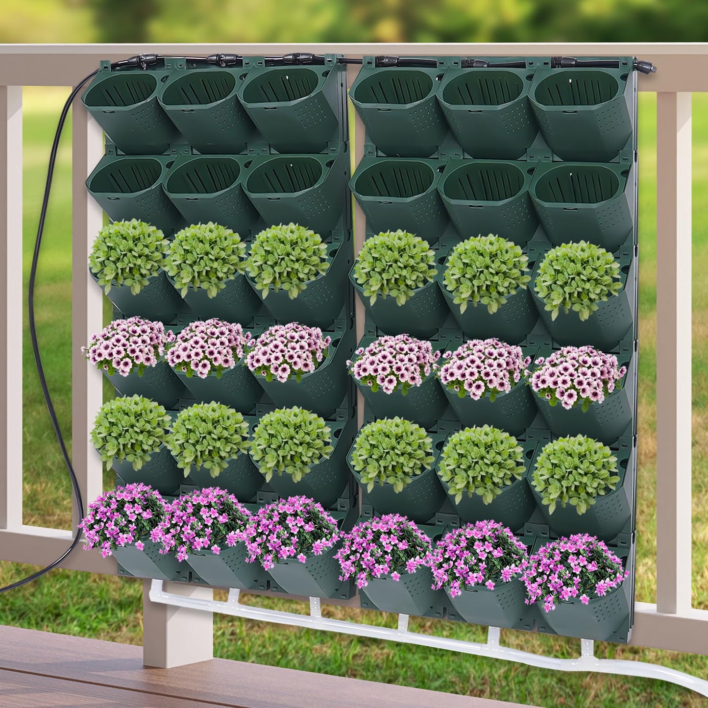 WANLECY Self-Watering Wall-Mounted Planter with Drip System and Timer Indoor/Outdoor Decor, Vertical Wall Planter with 36 Pots for Herbs Vegetables Fruits (Dark Green)