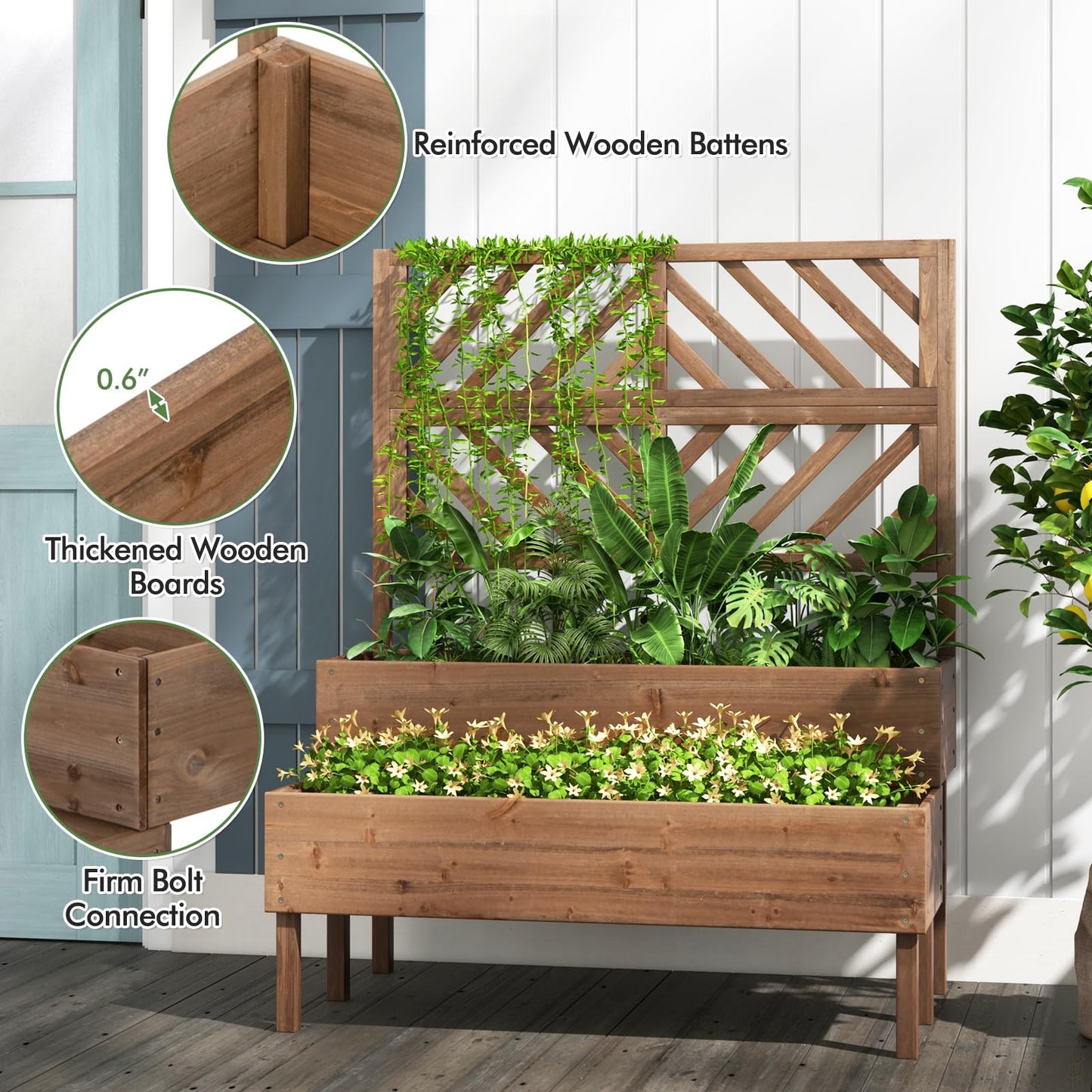 Toolsempire Raised Garden Bed with Trellis & 2 Planter Boxes, 2-Tier Outdoor Wooden Elevated Planter Box with Legs & Drainage Holes, Gardening Planters for Flowers, Herbs, Vegetables & Fruits(Brown)