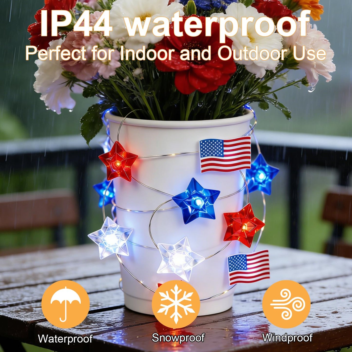 TWINGLEHOME 100LED Patriotic Star Lights with Copper Wire, Waterproof Adaptor and American Flag, Multifunctional Lighting Modes (Red, Cool White, Blue), Plug-in for Indoor Holiday, Nation Day