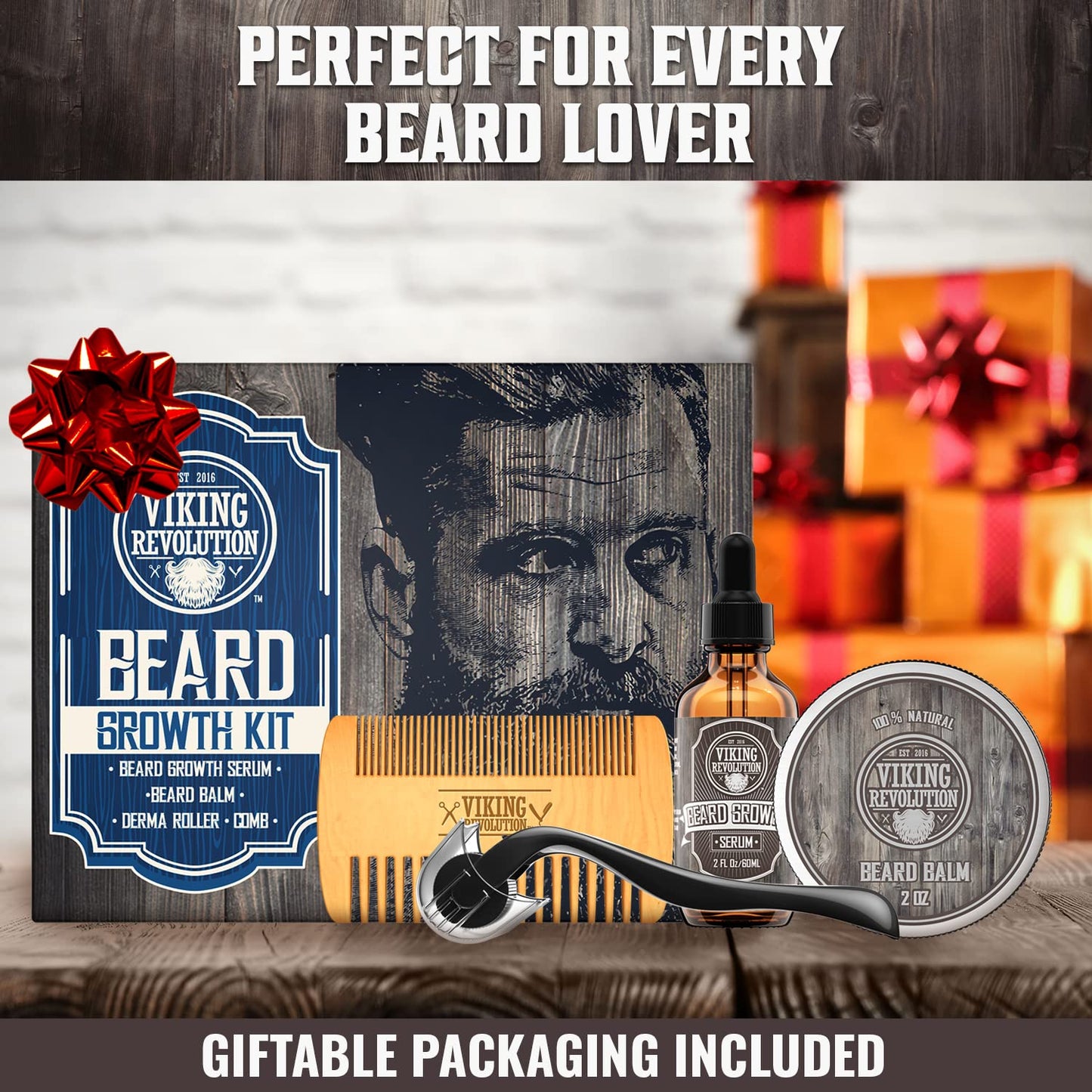 Beard Growth Kit - Oil, Balm, Serum, Derma Roller & Wooden Comb for Beard & Mustache Growth