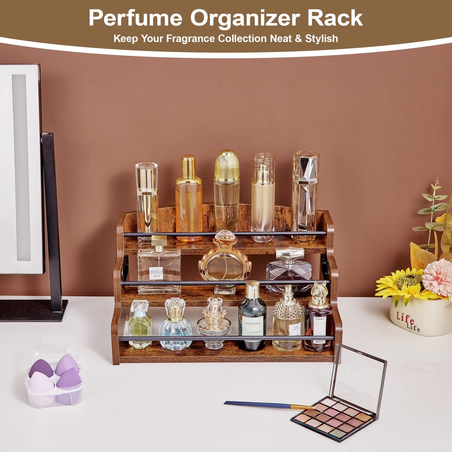 Aminigram Wood Spice Rack Organizer for Cabinet, 3 Tier Spice Shelf Storage, Kitchen Seasoning Organizer for Spice Bottles, Jars, Seasonings, Baking Supplies