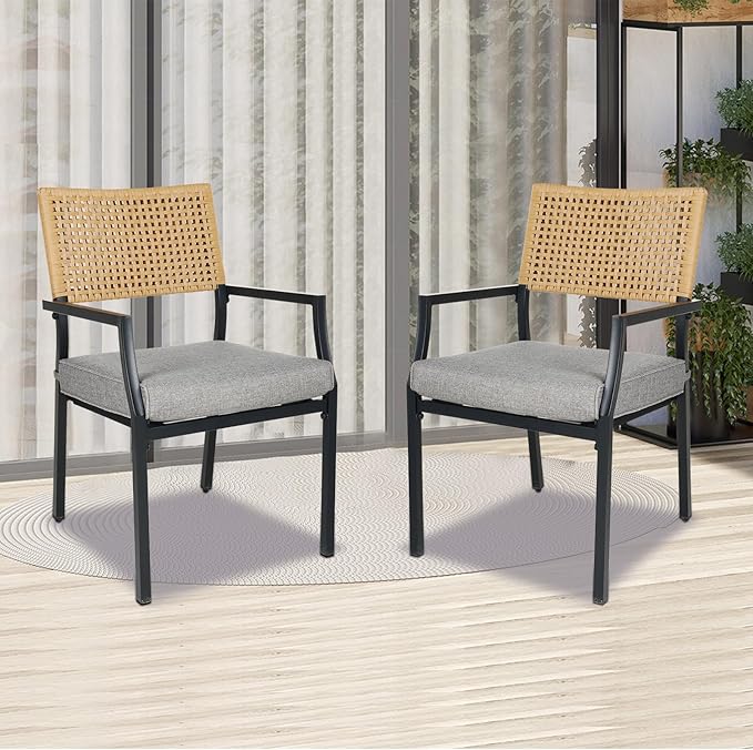 Grand Patio Outdoor Dining Chair Set of 2, 2-Piece Stackable Wicker Chairs with Cushions and Armrest for Restaurant, Garden, Porch, Lawn and Poolside