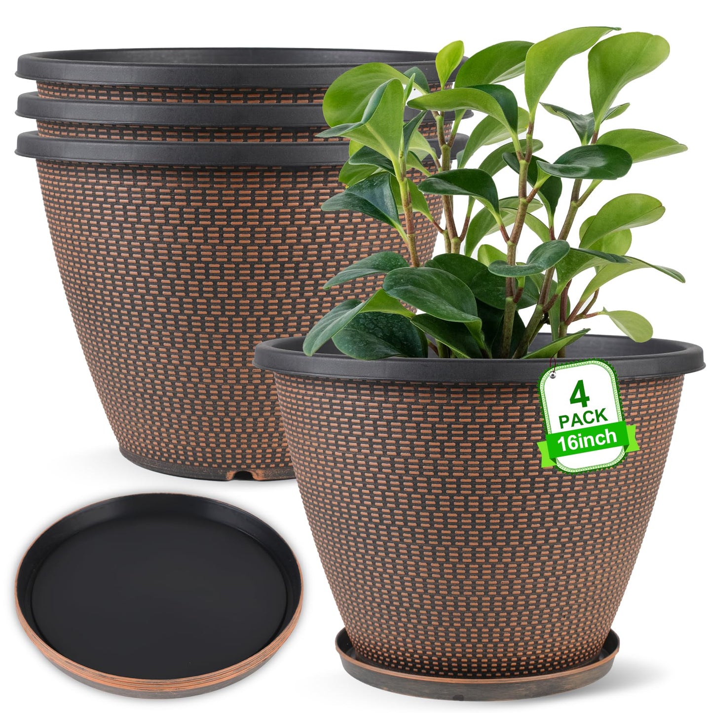 16 inch Plant Pots, Large Planters for Outdoor Plants Set of 4, Round Plastic Flower Pots with Drainage Holes & Trays, Modern Decorative Indoor Garden Pot, Plant Container for House (Black Copper)