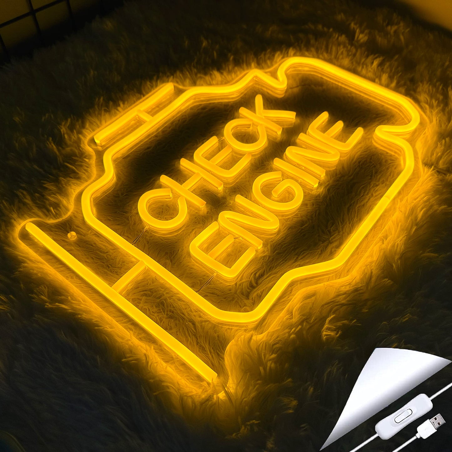 Check Engine Light Neon Sign for Man Cave Decor, LED Garage Wall Art, Funny Gifts for Dad & Car Guys, Man Cave Auto Repair Shop Mechanics Workshop Sign, USB Powered(15.7x11.8in,Yellow)