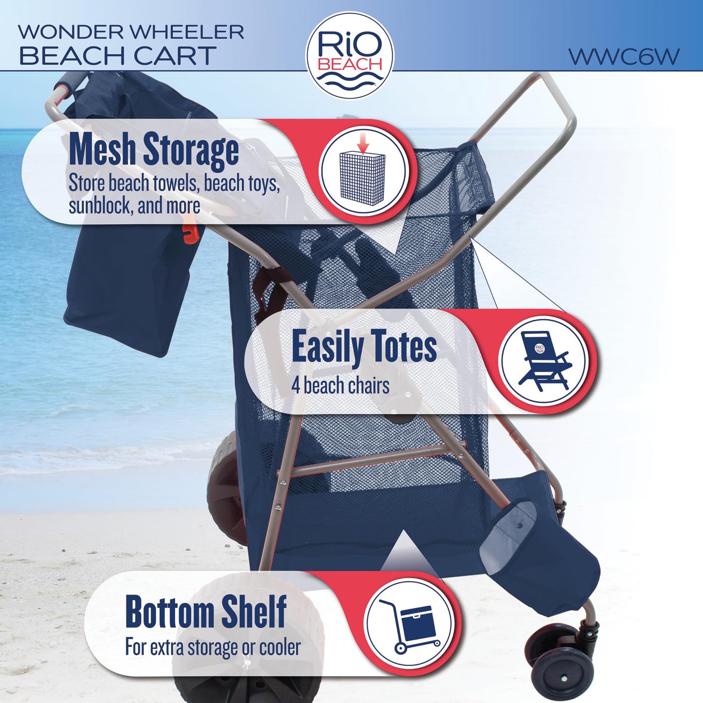 Rio Beach Wonder Wheeler Deluxe Utility, Lawn, and Beach Foldable Cart, Blue Print