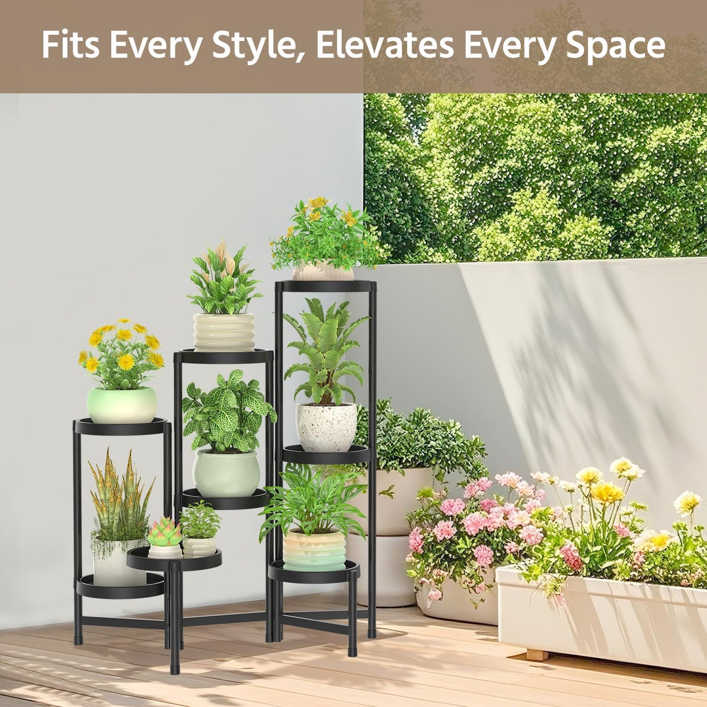 LASZOLA 8 Tiered Plant Stand Indoor Outdoor with Plastic Tray, Corner Folding Tall Flower Display Rack, Modern Plant Holder Shelf for Outdoor Patio Porch Garden Office Living Room, Black
