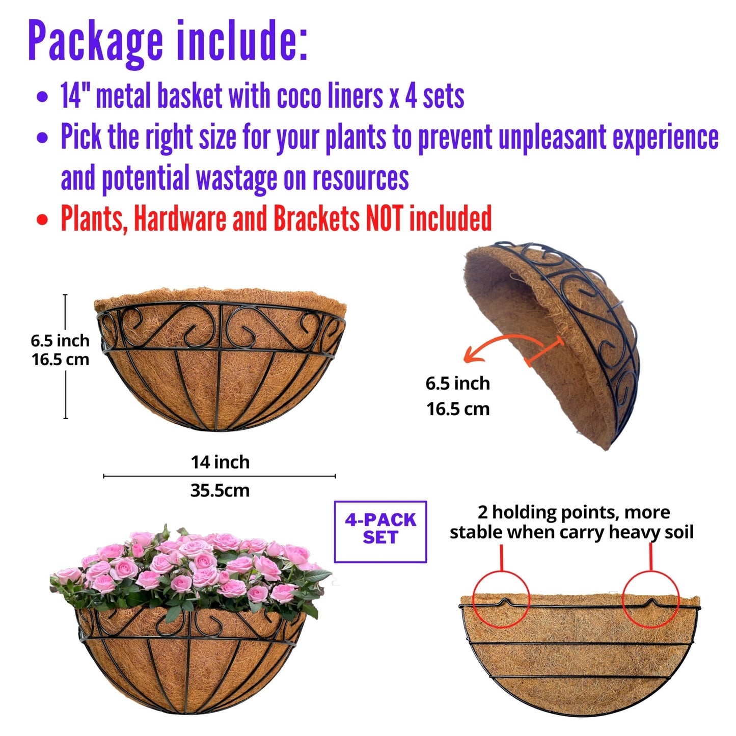 LaLaGreen Outdoor Wall Planters, 4 Pack, 14 Inch Large Balcony Planter Railings Hanging, Rail Flower Basket with Coco Liner English Horse Trough Black Metal Wire Succulent Pot Holder Deck Porch Garden