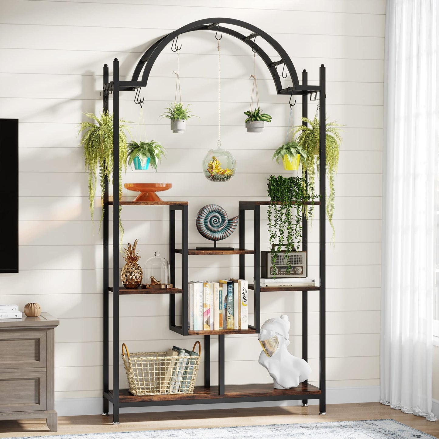 Tribesigns 5-Tier Tall Indoor Plant Stand, 74.8'' Arched Metal Flower Shelf with Hanging Hooks, Large Bonsai Pots Display Rack for Indoor, Balcony, Living Room