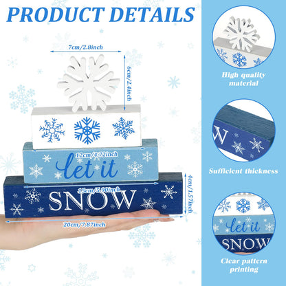 Suzile 4 Pcs Winter Table Decorations Snowflake Tabletop Decor Wooden Winter Tiered Tray Let It Snow Table Topper Centerpiece Tiered Tray for Wonderland Farmhouse Blue Christmas Decorations