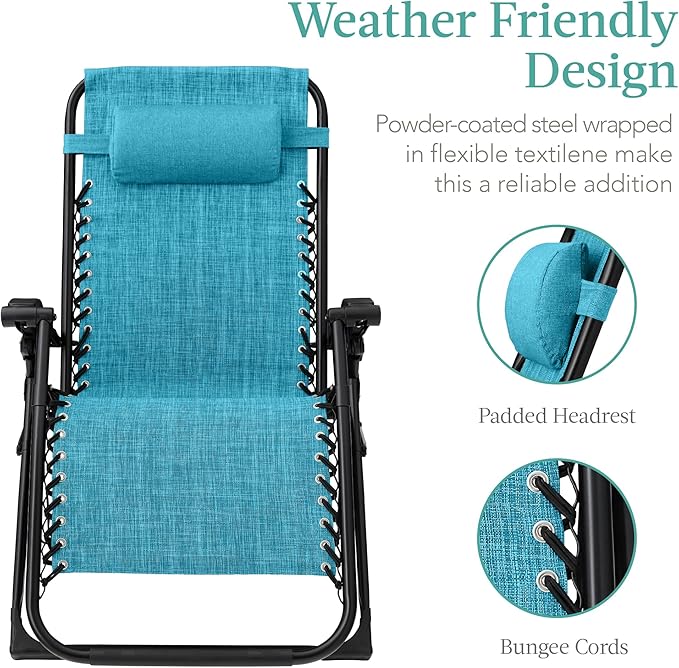 Best Choice Products Oversized Zero Gravity Chair, Folding Outdoor Patio Recliner, XL Anti Gravity Lounger w/Removable Cushion, Cup Holder, Side Tray, 350lb Capacity - Light Blue