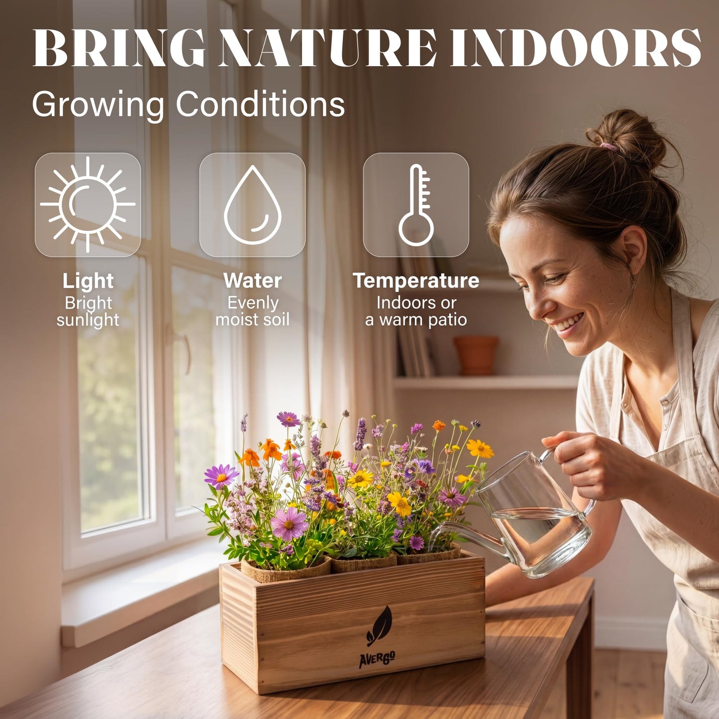 AVERGO Wildflower Seed Mix Growing Kit - Perennial Wild Flowers | Ideal Gift for Mother's Day - Also Includes Planters, Soil, Wooden Box, and Gardening Tools for Indoor Garden and Patio Planting