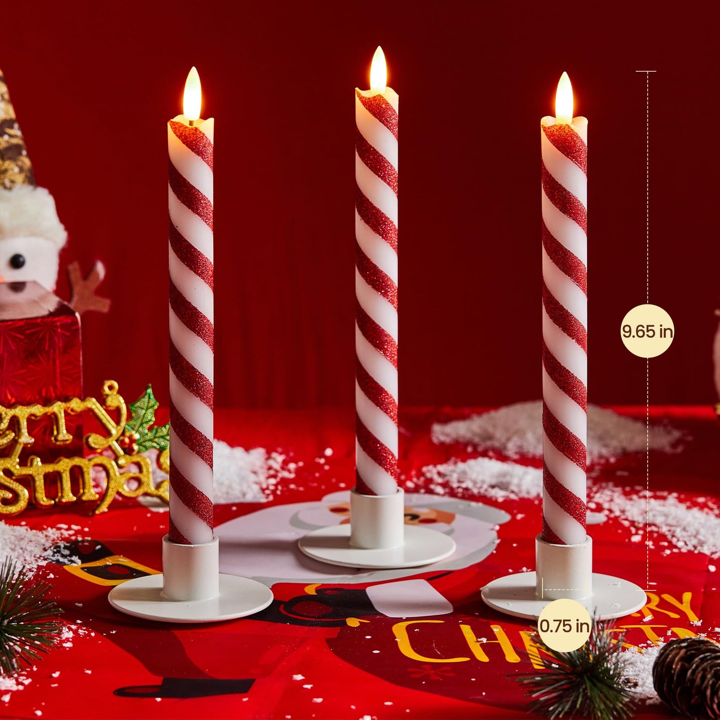 Velsyn 6 Pcs Christmas Flameless Taper Candles with Remote and Timer, 10 Inch Glitter Candy Cane Candles Battery Operated Christmas Candlesticks with LED Flickering Flame for Xmas Candy Cane Decor