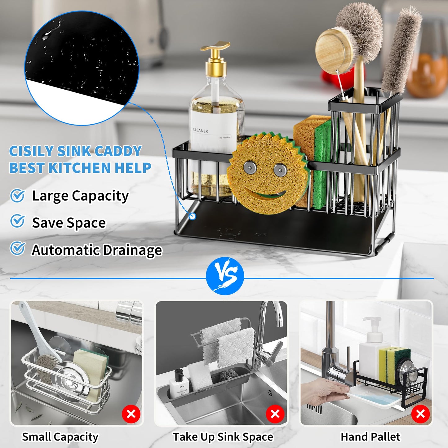 Cisily Kitchen Sink Caddy Organzier with High Brush Holder, Sponge Holder for Sink, 304 Rustproof Stainless, Kitchen Countertop Soap Dispenser Organizer, Kitchen Decor and Accessories