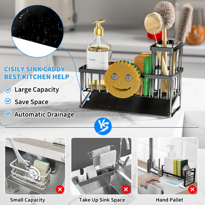 Cisily Kitchen Sink Caddy Organzier with High Brush Holder, Sponge Holder for Sink, 304 Rustproof Stainless, Kitchen Countertop Soap Dispenser Organizer, Kitchen Decor and Accessories