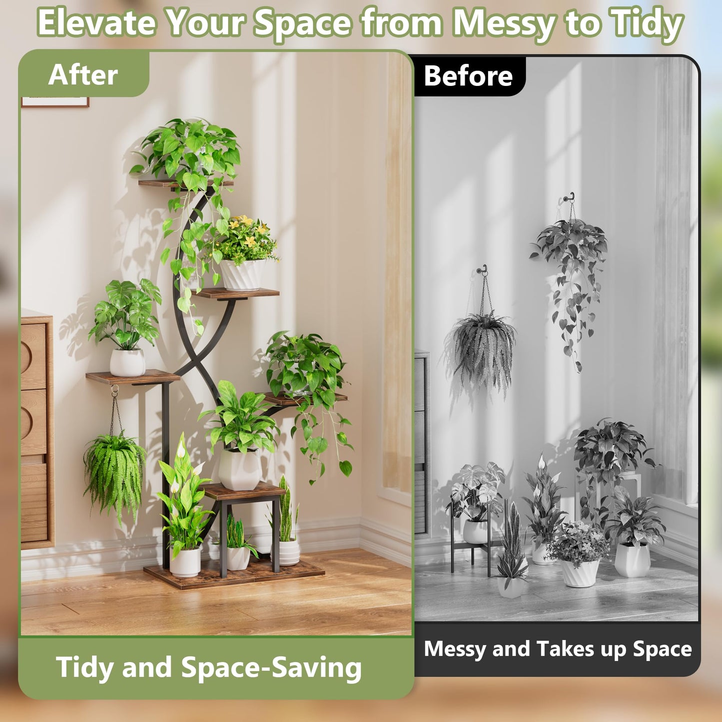 Plant Stand Indoor with Grow Lights, 6 Tiered Indoor Plant Shelf, 48'' Corner Plant Stands for Indoor Plants, Lighted S-Shaped Plant Rack, Tall Flower Holder Display for Living Room, Home (Black)
