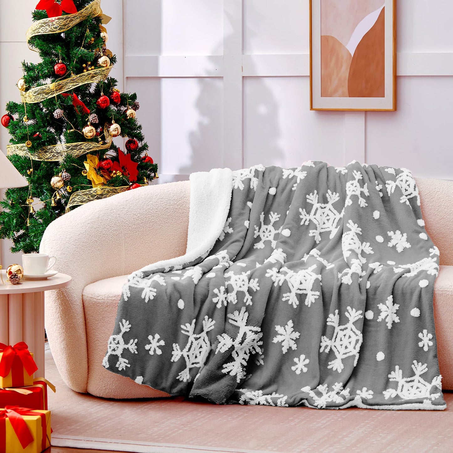 Sherpa Throw Blanket for Couch - Grey Blanket, Snowflakes Pattern, Warm Winter Cabin Throw, Premium Microfiber & Soft Touch, Plush & Fluffy, Warm & Cozy for Sofa and Bed, 50"x60", Grey