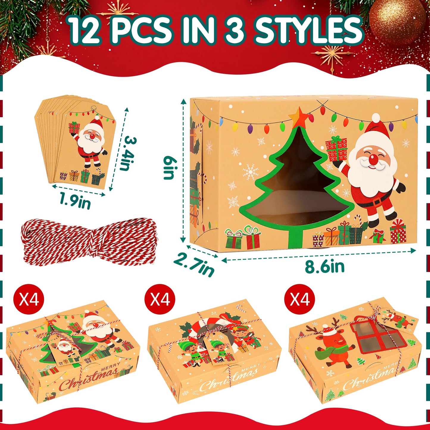 Parma77 12PCS Christmas Cookie Boxes, 8.6" x 5.9" x2.7" Holiday Treat Cookie Tin with Window, Christmas Treat Boxes for Donuts Cupcake Candy Gift Giving
