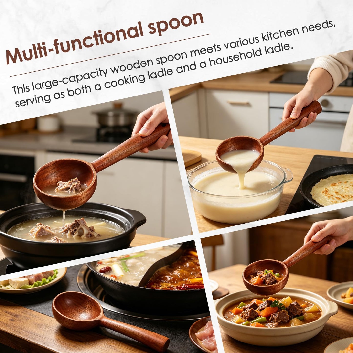 GALUBUBU Wooden Ladle, Large Wooden Scoop, Korean Style Solid Wood Serving Spoon for Bath Salt, Rice, Soup, Flour, Coffee Beans, Deep Jar Scoop for Kitchen, Sauna, Canisters