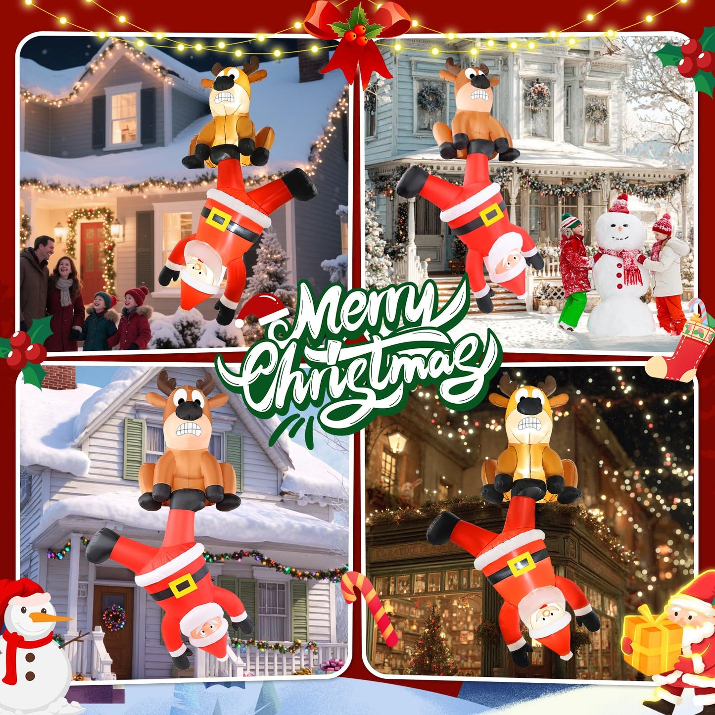 Wabolay Christmas Inflatable Climbing Santa Claus & Reindeer Outdoor Decorations 8 FT Giant Funny Hanging Blow Up Yard Inflatables Xmas Party Blowups with Led Holiday Outside Garden Lawn Roof Decor