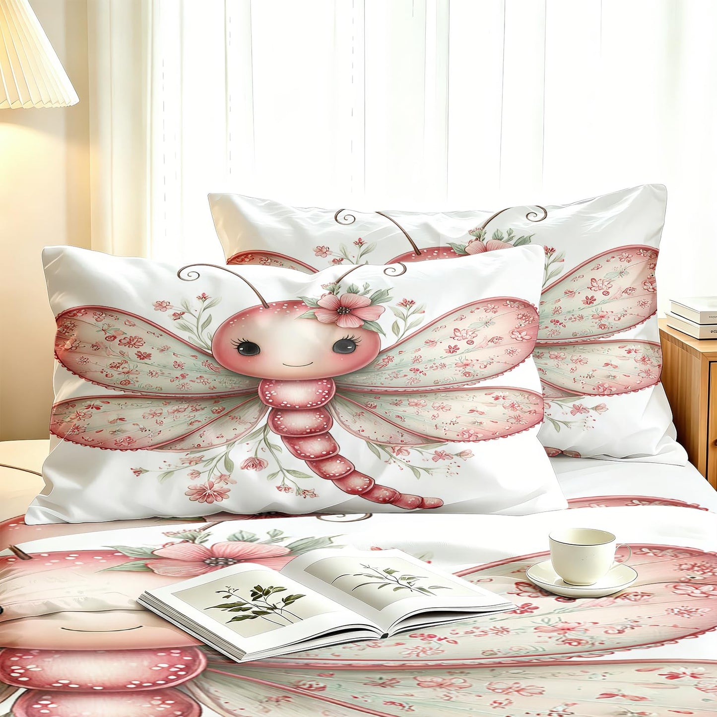 Cute Dragonfly Queen Bedding Set Girls Kawaii Sheet Sets