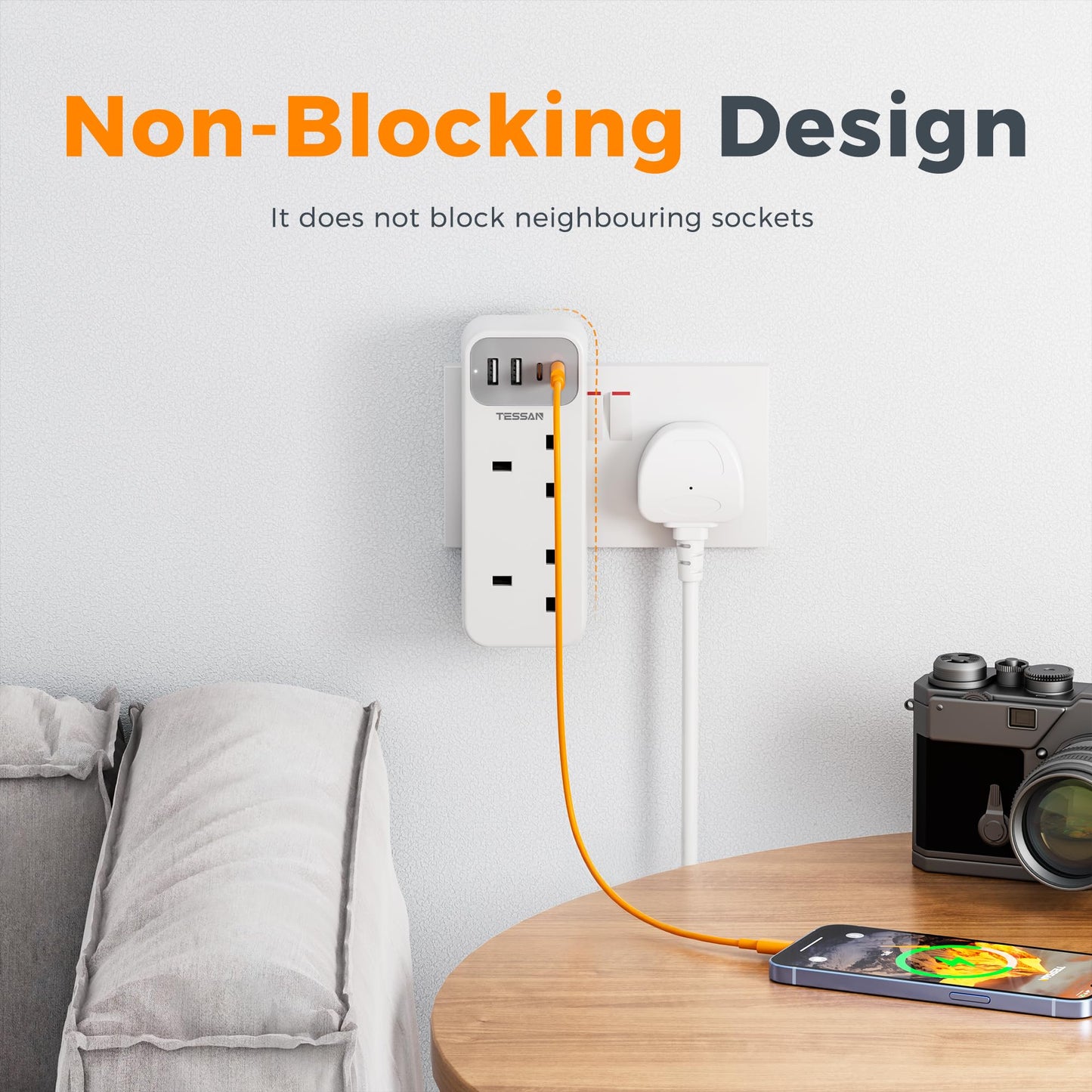 Double Plug Adaptor with 4 USB(2 USB C), TESSAN 2 Way Multi Plug Extension Adapter, UK 13A Fuse Multiplug Sockets Power Extender for Home, Kitchen, Office, School Supplies