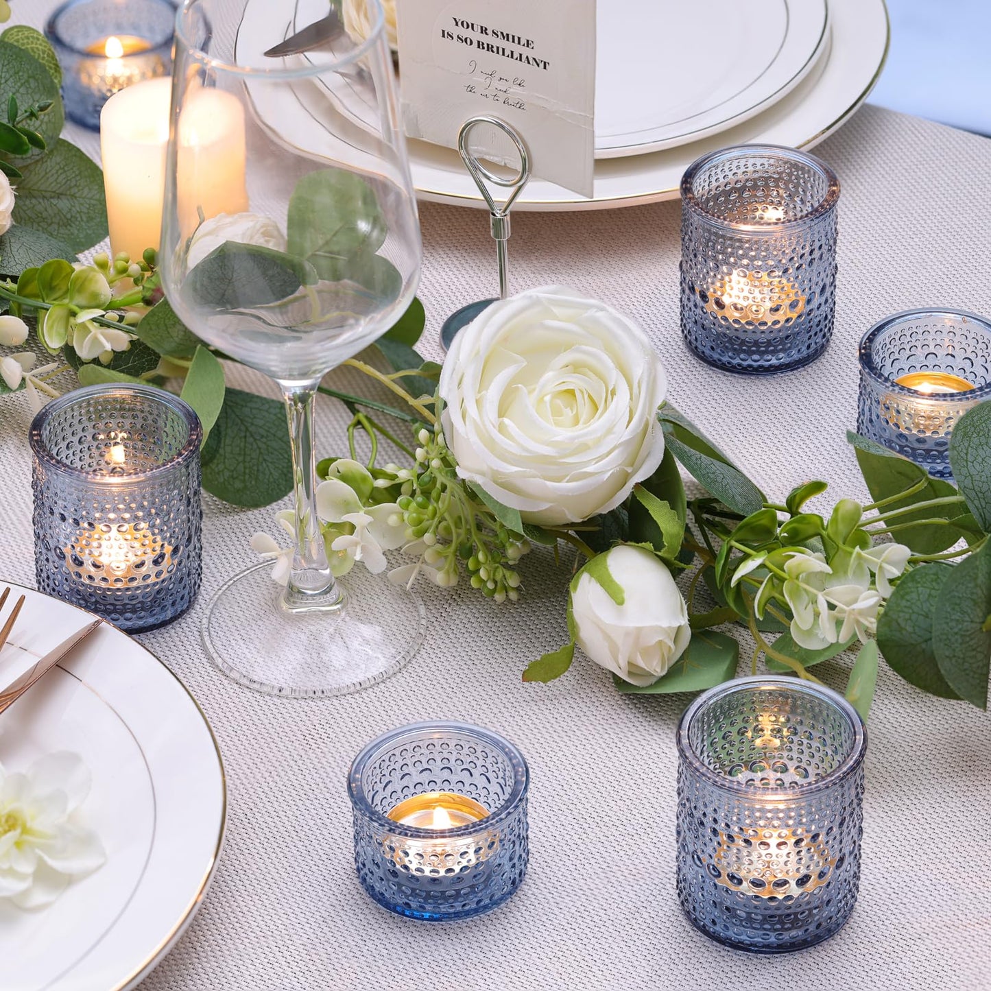 30 Pcs Blue Votive Candle Holders – Glass Candle Holders Bulk for Wedding Table Centerpiece, Something Blue Bridal Shower, Baby Shower, Summer & Everyday Home Decor