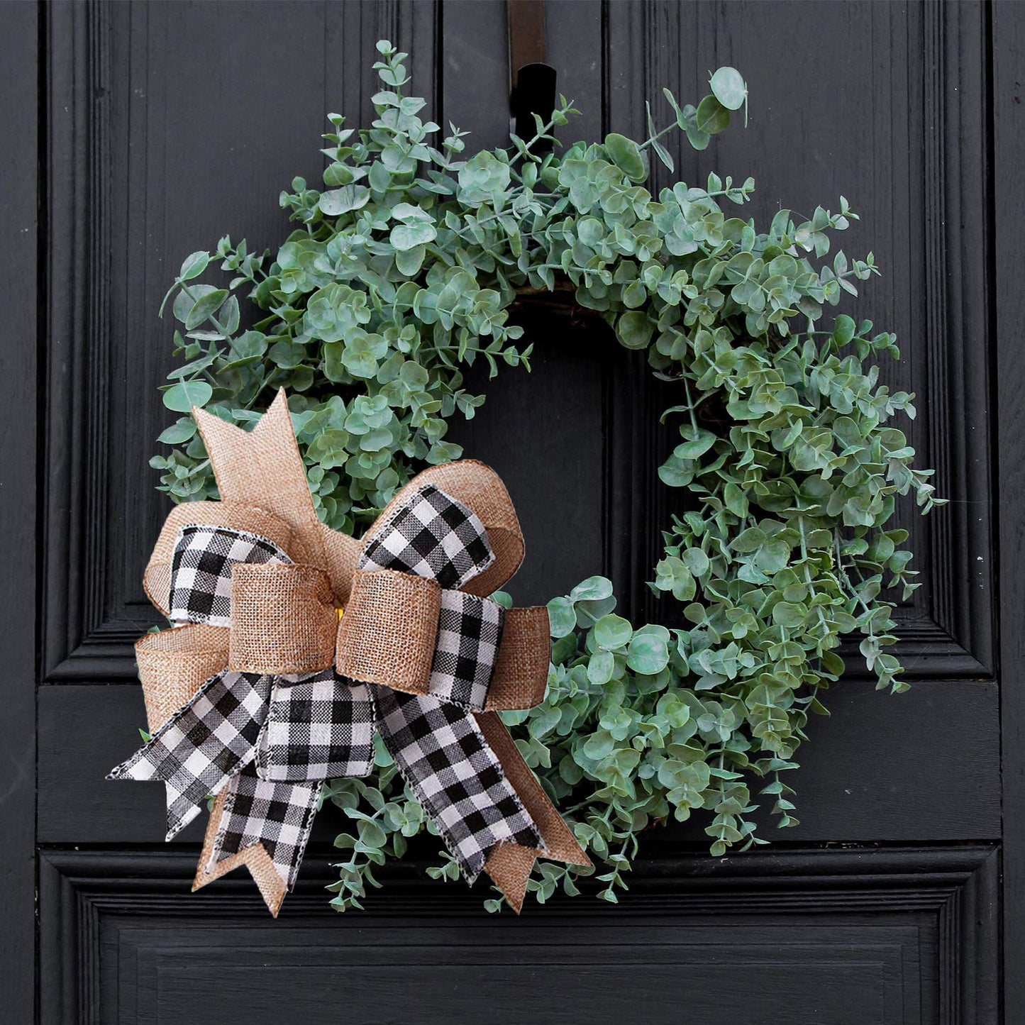Black White Buffalo Plaid Burlap Wreath Bow Double Layed Gift Bows Wreath Bow Wall Ornaments Christmas Tree Topper Bows for Holiday Home Front Door Decorations, 12 x 9.4 inch