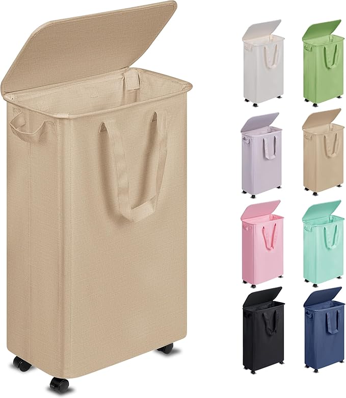 Slim Laundry Hamper with Lid and Wheels, Small Rolling Laundry Basket with