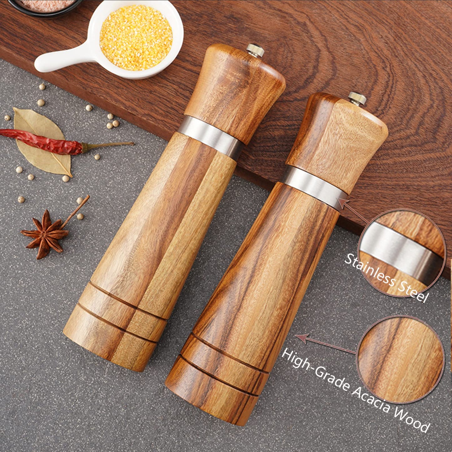 Ninefish Wooden Salt and Pepper Grinder Kit,Wood pepper mill,8-inch manual Teak Wooden Salt and Pepper Shakers, Pepper and salt grinders are combined with Wooden Stand Holder Tray and Wooden Spoon