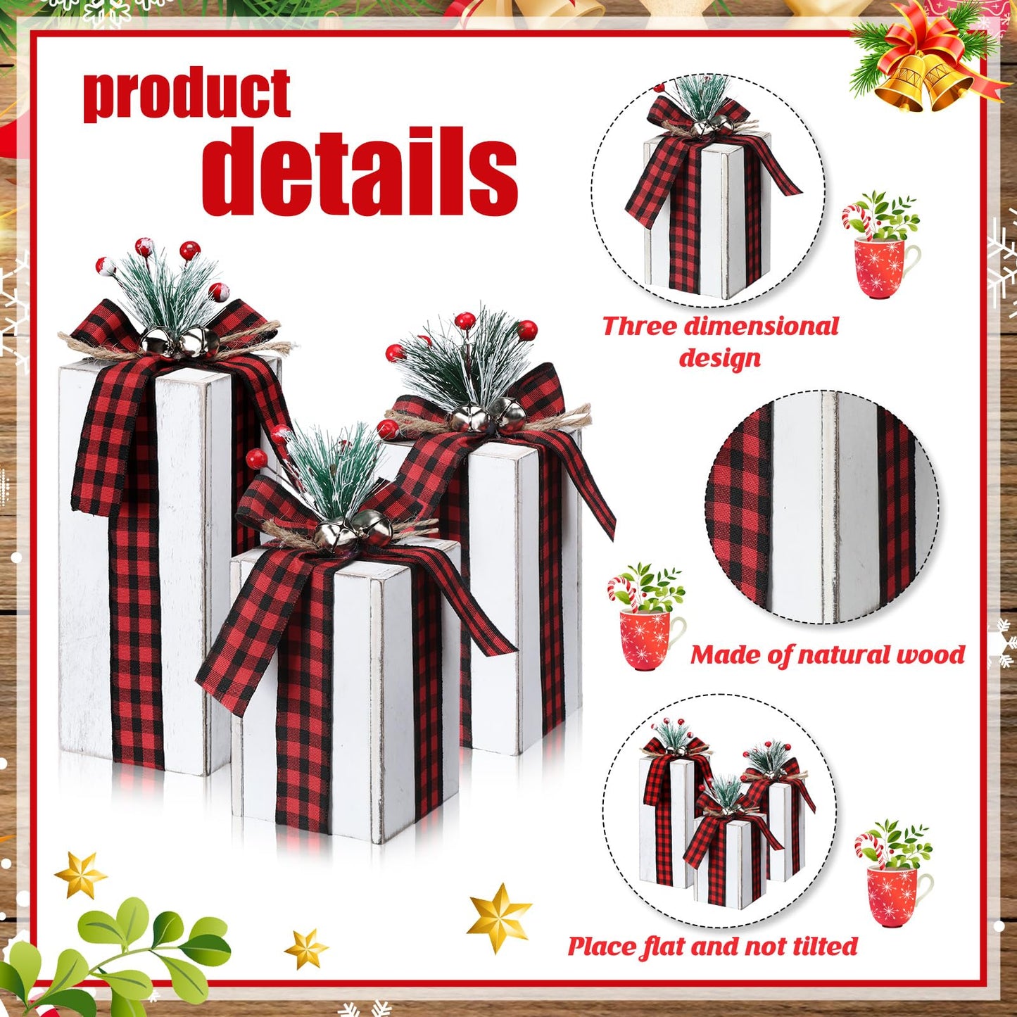 Amyhill 3 Pcs Christmas Wooden Gifts Box Decor Christmas Plaid Presents Table Centerpieces Rustic Wooden Gifts Tiered Tray Decor with Buffalo Plaid Bowknot for Xmas Party(Red,Classic)