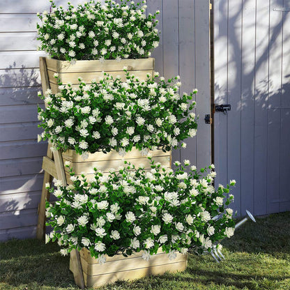 Grunyia 10 Bundles Artificial Fake Flowers, Faux Outdoor Plastic Plants UV Resistant Shrubs Outside Indoor Decorations (White-Eucalyptus)