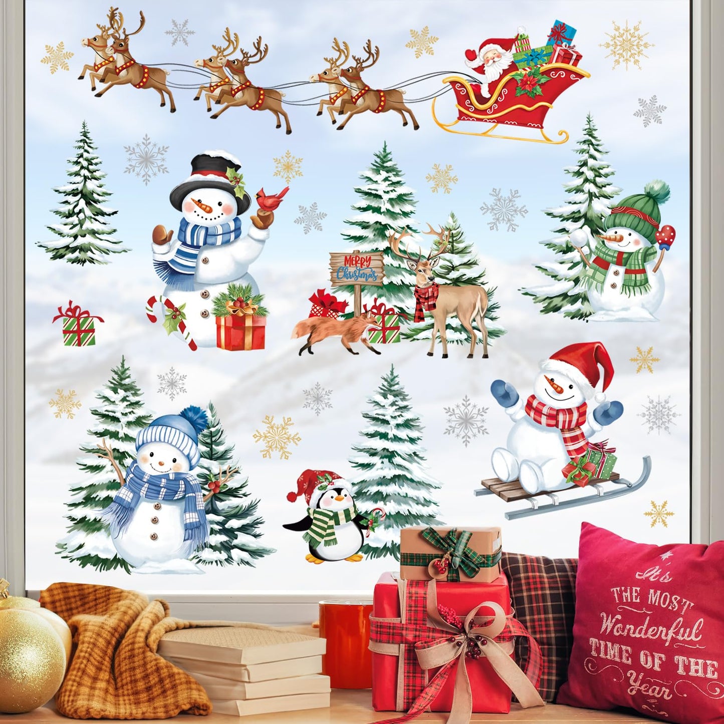 decalmile Christmas Winter Snowman Reindeer Window Clings Reusable Santa Claus Elk Xmas Tree Window Decals Double Side Printed Window Stickers Glass Door Home Party Shop Showcase Decoration
