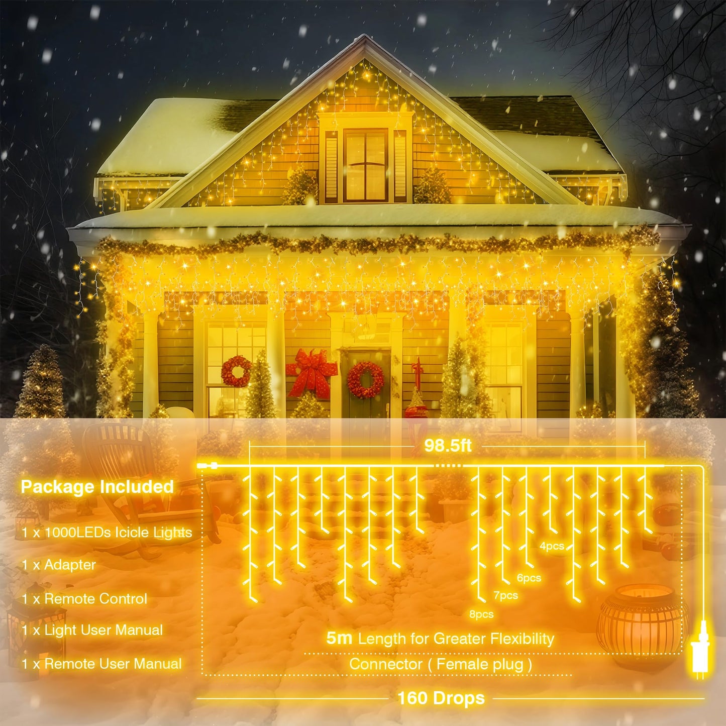 1000 LED Icicle Lights Outdoor, Plug in 98ft Waterproof Christmas String Lights, 8 Modes 4 Adjust Brightness, Remote & Timer, Indoor & Outside Decoration for Party, Wedding, Garden, Window, Wall