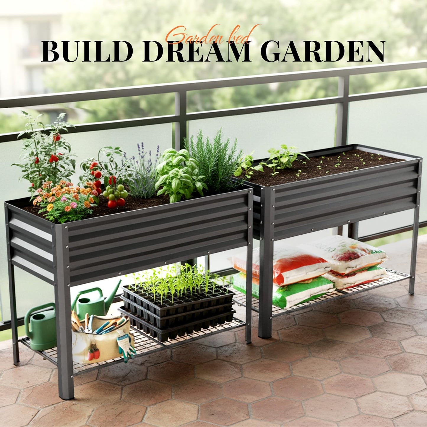 KING BIRD Large Raised Garden Bed with Legs & Storage Shelf Galvanized Elevated Planter Box for Backyard, Patio, Balcony, 400lb Capacity, Dark Grey 48×24×31.5 in