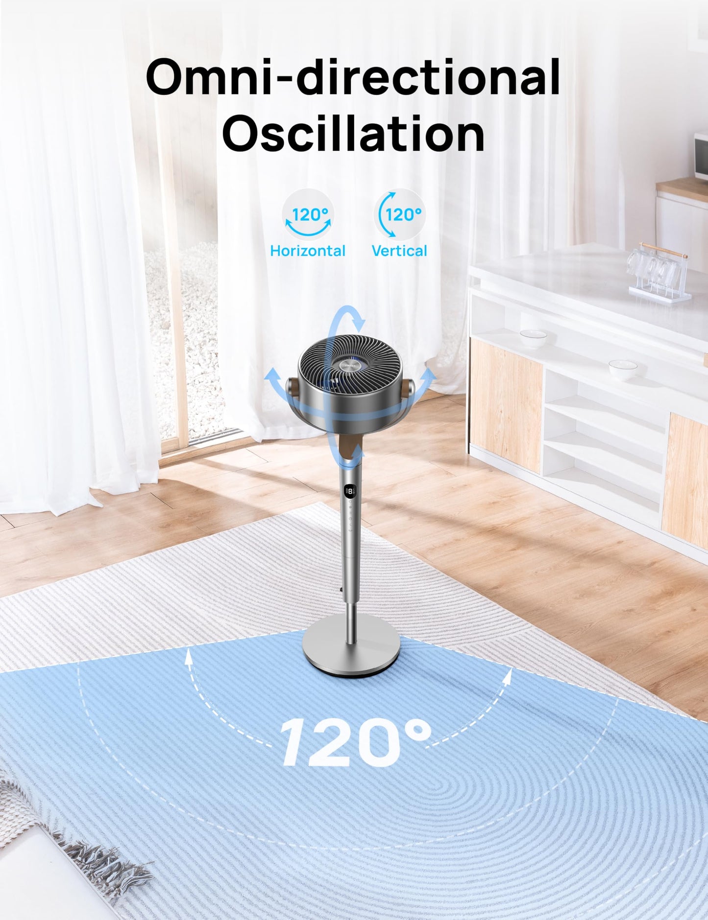 DREO Fan for Bedroom, 120°+120°Omni-directional Oscillating Fan, 90ft, DC Motor, 20 dB Quiet Standing Pedestal Fans, 8 Speeds, 3 Modes Circulator with Remote, 35-40" Adjustable Height, 8H Timer