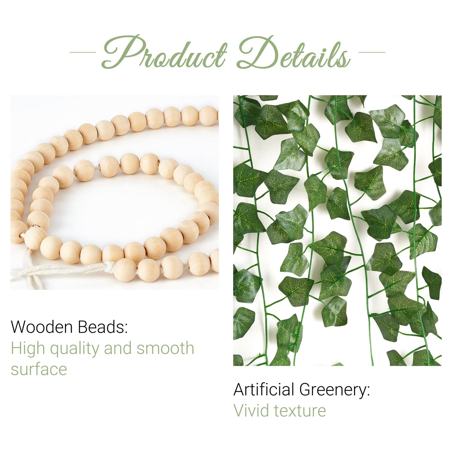 Mkono Hanging Fake Vines for Bedroom Wall Decor Artificial Plant Leaves with Wood Beads Set Indoor Greenery Ivy Garland for Living Room Apartment Christmas Wedding Party Teen Girl Room