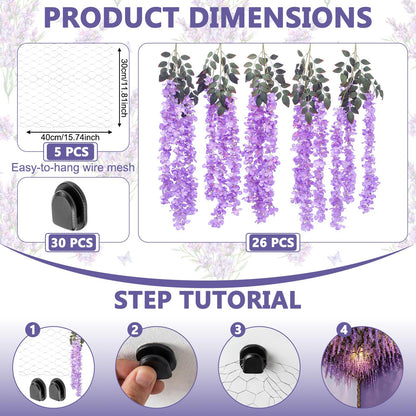 Giegxin Purple 26 Pcs 3D Wisteria Tree for Classroom Room Ceiling Wall Decor Bulletin Board Large Wisteria Garland with 5 Metal Mesh Panel Artificial Fake Hanging Flower Wedding Bedroom Backdrop