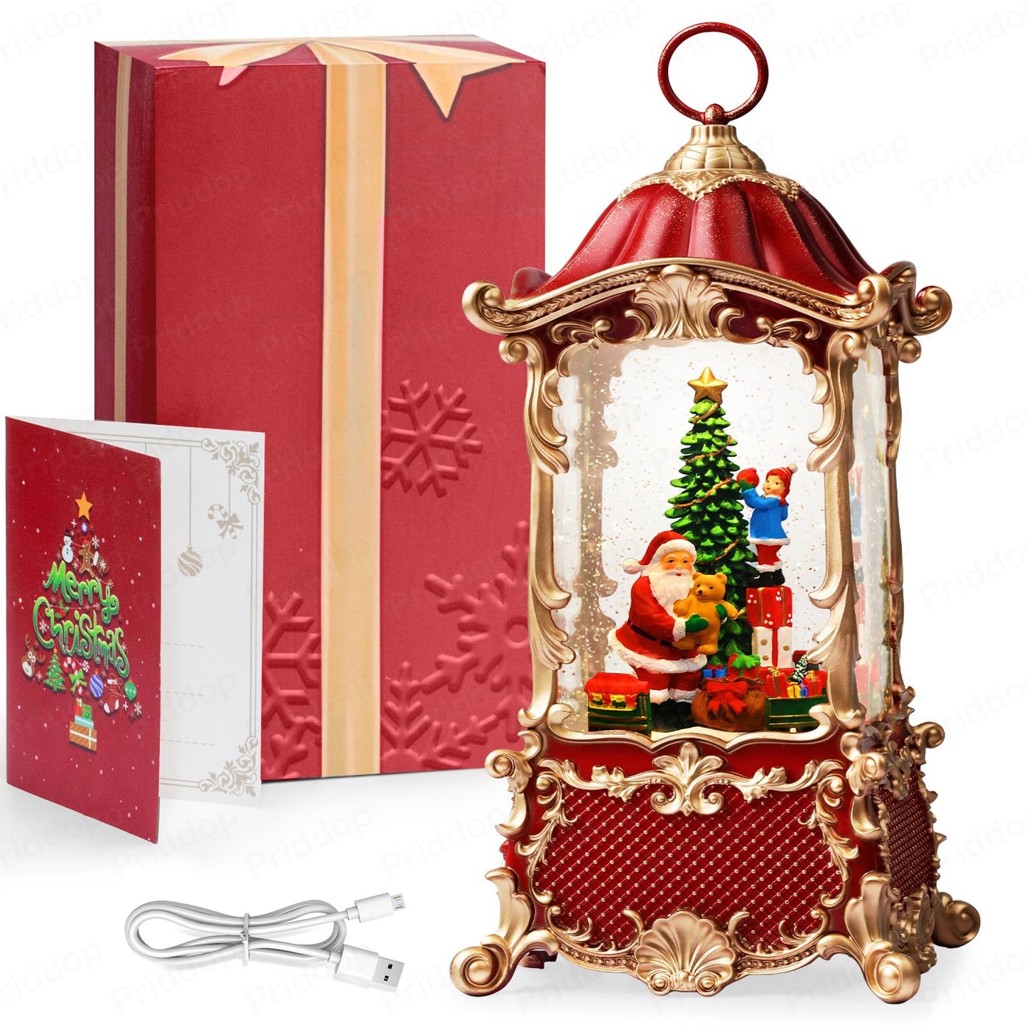 Priddop Santa Snow Globe Christmas Decorations Indoor Christmas Tree Gifts for Child Classic Relief Texture Musical Glitter Snowfall USB/Battery Timer Lantern 12.5 inch